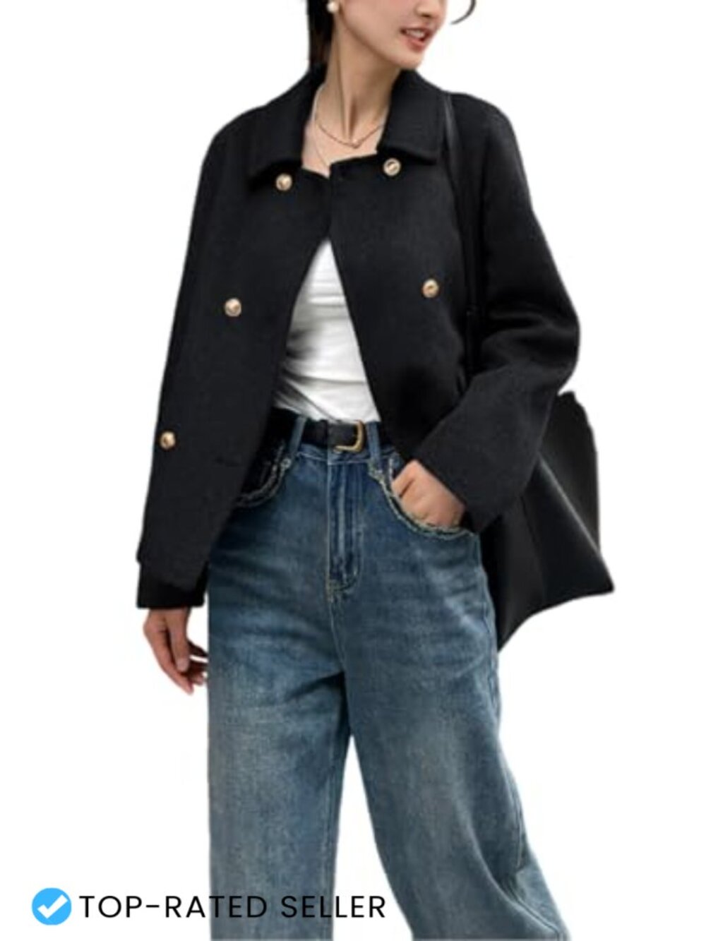 Cropped Wool Blend Pea Coat Double Breasted Button Down Jacket